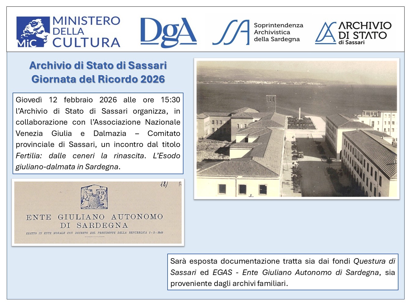 Giorno del Ricordo 2026: Fertilia: dalle ceneri la rinascita. L’Esodo giuliano-dalmata in Sardegna